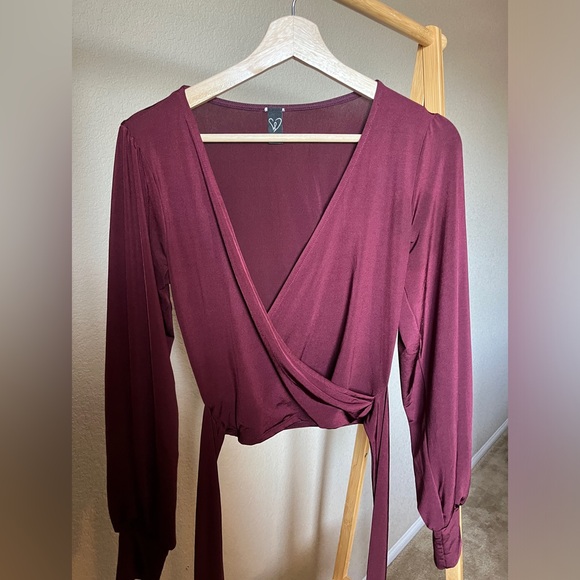 Dark red low cut long sleeve top with wrap around detail - Picture 3 of 3